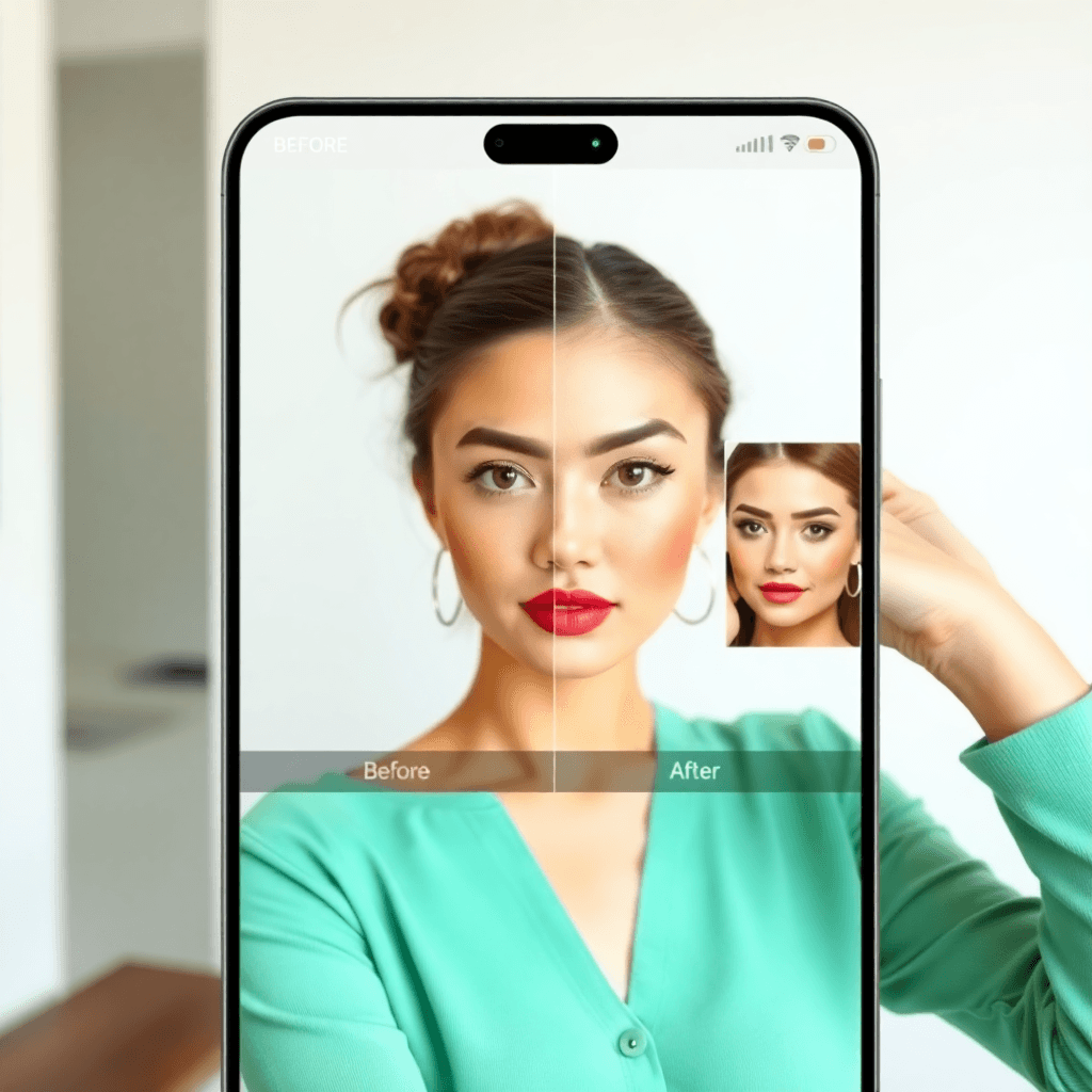 woman trying on different makeup looks virtually, split screen showing before and after, beauty app interface, modern UI