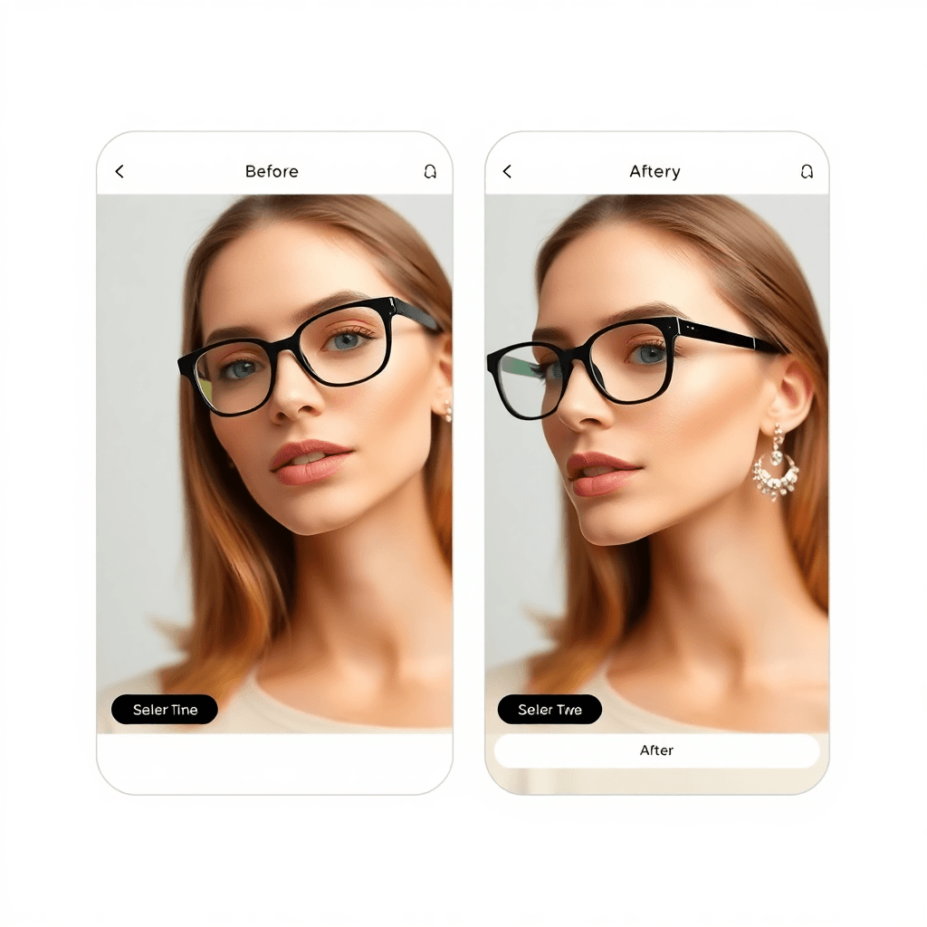 woman trying on different accessories virtually like glasses and jewelry, split screen showing before and after, fashion app interface, modern UI