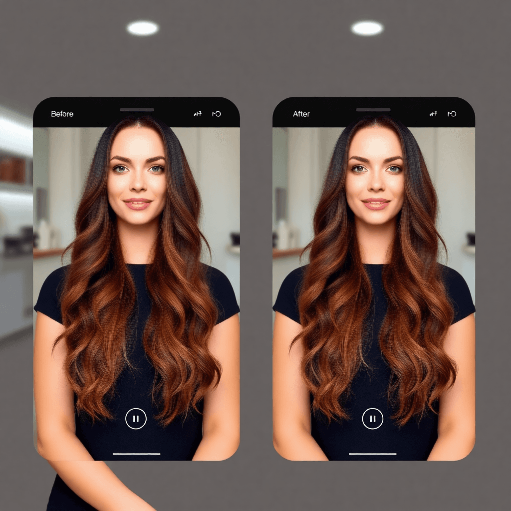 woman trying on different hairstyles virtually, split screen showing before and after, salon app interface, modern UI